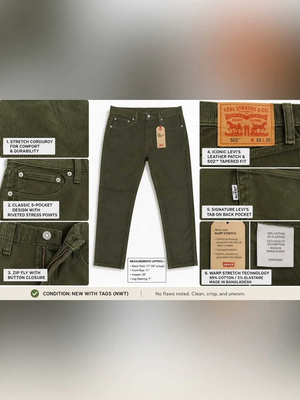 Levi’s 502 Regular Taper Olive Stretch Corduroy Pants 33x30 NWT Men’s